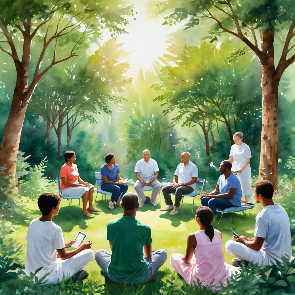 A serene scene depicting a diverse group of individuals in a supportive circle, sharing their experiences with innovative cancer treatments. Bright sunlight filters through lush, green trees, symbolizing hope and healing. In the background, subtle illustrations of various treatment tools and technologies mingle with soft, watercolor-style elements of nature. Emphasize warmth, diversity, and connection. painting. vibrant colors.