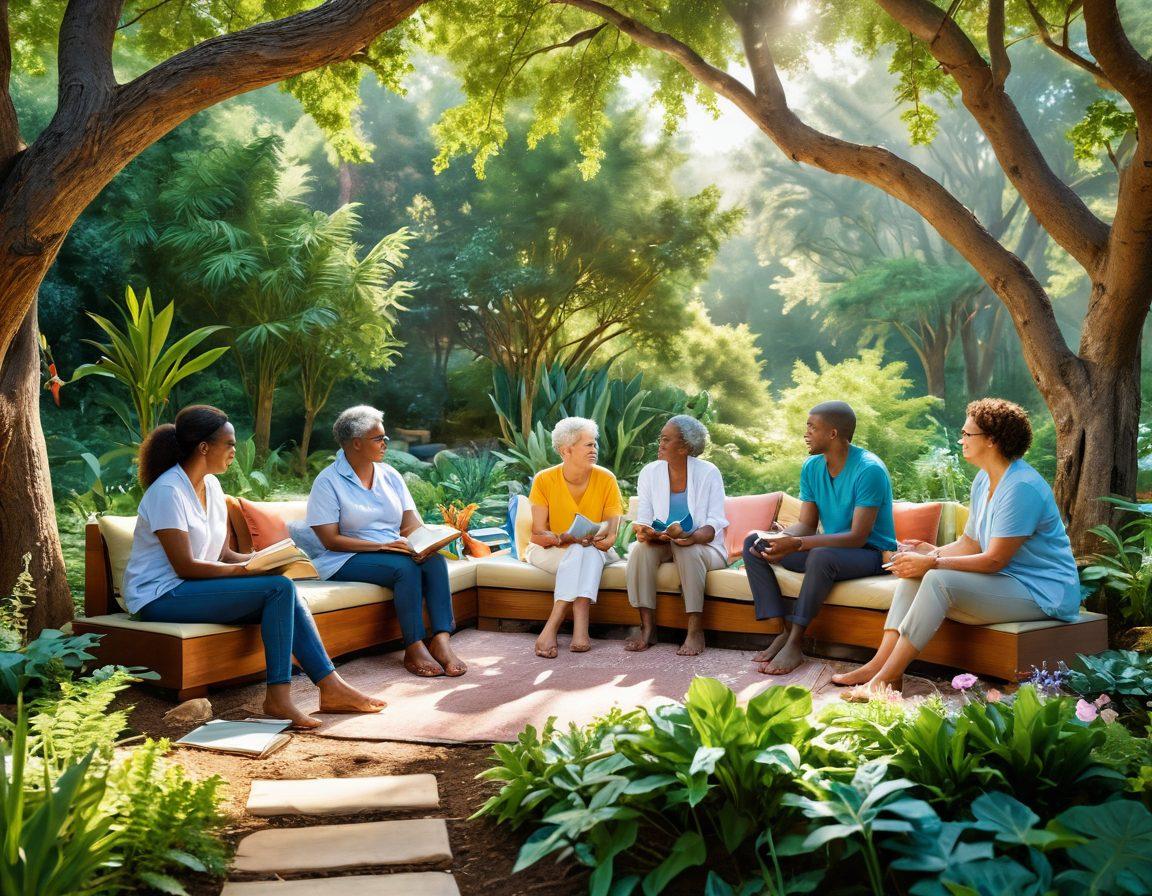 A serene and uplifting scene featuring a diverse group of people engaged in a warm conversation, surrounded by symbols of wellness like plants and books. The background includes a calming nature landscape, with light filtering through trees, emphasizing community and support in cancer care. Vibrant colors and soft, inviting textures enhance the atmosphere of empowerment and knowledge-sharing. super-realistic. vibrant colors. calming background.