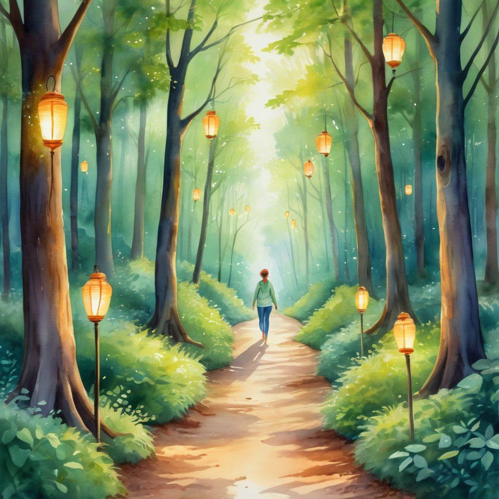 A serene pathway winding through a lush green forest, symbolizing the journey of wellness, lined with illuminating lanterns representing hope and support. Along the path, diverse figures of cancer survivors share stories, embodying strength and community. Soft rays of sunlight filter through the trees, creating a peaceful atmosphere. watercolor painting style. vibrant colors.